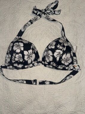 PINK Victoria's Secret Black & White Floral Halter Bikini Top